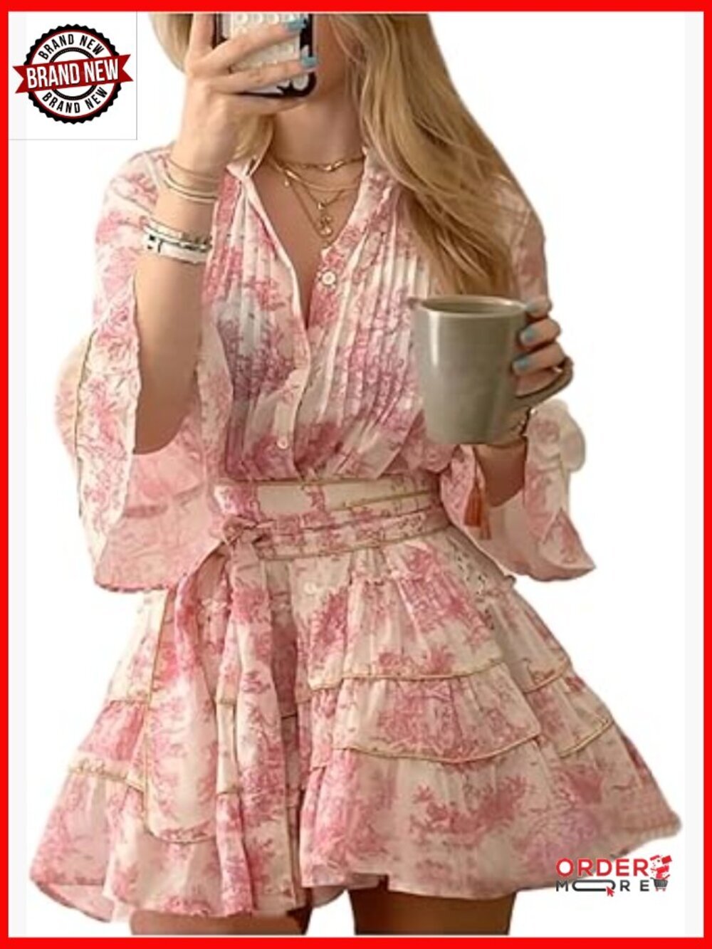 Ruffle Mini Dress with 3/4 Sleeves, Boho Floral Vacation Dress